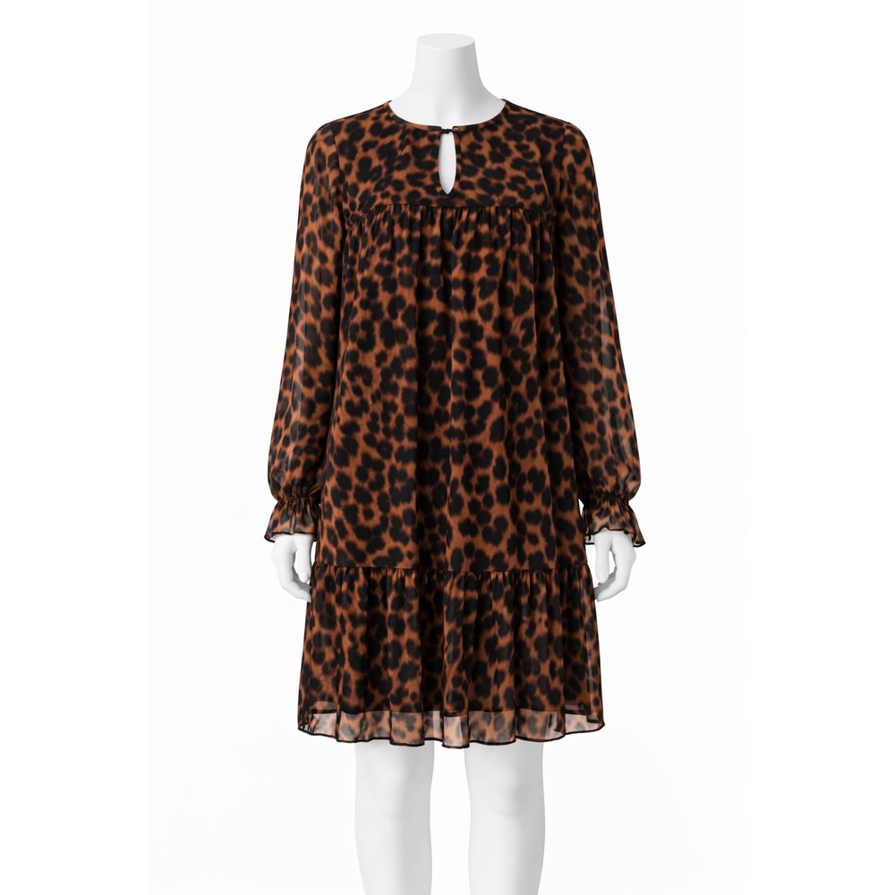 Guess Dress Large Brown Leopard Print Sheer Sleeve Babydoll Midi Flowy Boho